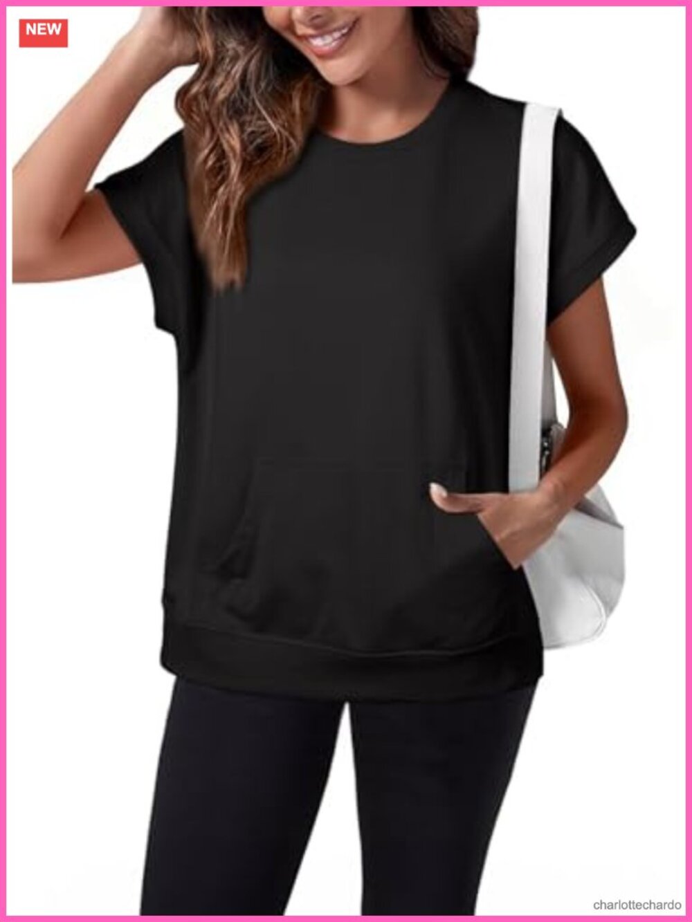 Women's Casual Short Sleeve Sweatshirt with Kangaroo Pocket, Lightweight Cotton